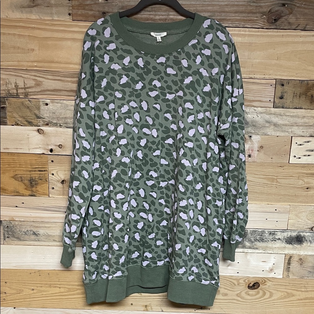 easel size L Olive & Lavender Leopard Print Terrycloth Sweatshirt Dress- pockets